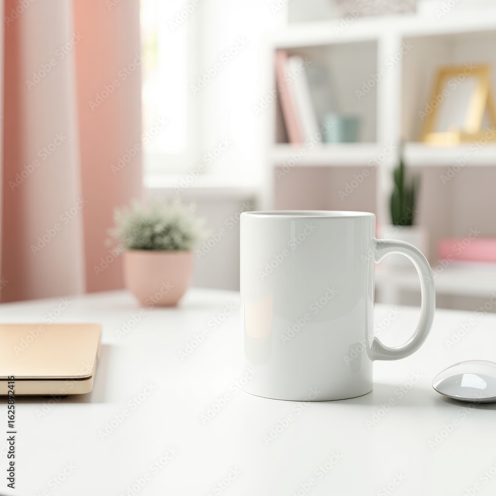 Obraz premium Mug mockup a white mug on a desk with a laptop and mouse near a window and a bookshelf in the background