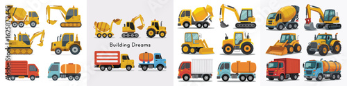 Cartoon Collection of Heavy Equipment Vehicles Mixer Trucks, Excavators, Tractors, Cargo Trucks, and Tanker Trucks
