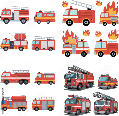 Cartoon Fire Trucks Red Emergency Vehicles, Firefighter Transport, and Decorative Fire Engines Clipart Set