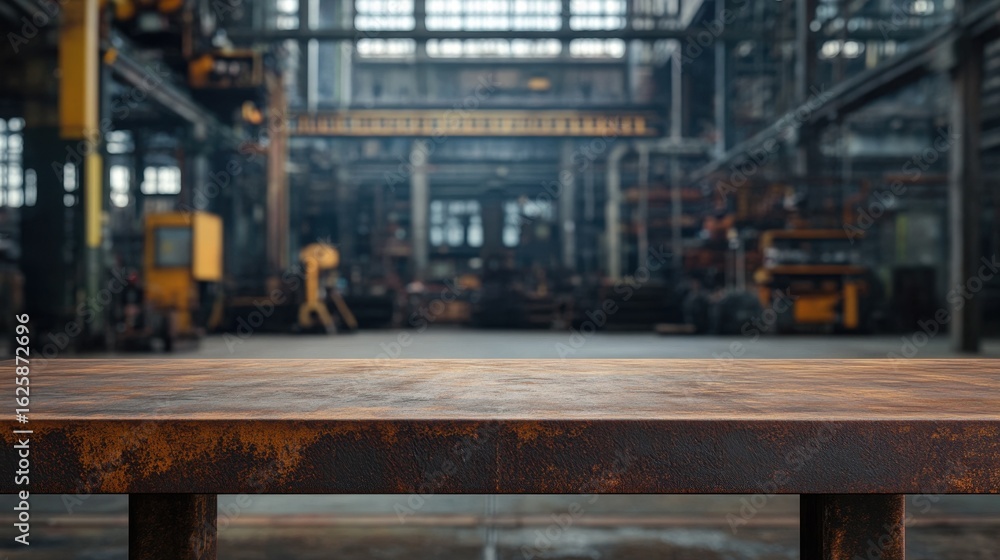 Naklejka premium A close-up view of a rustic metallic table surface set against an expansive, empty industrial warehouse. The image captures unique textures and an intriguing atmosphere in a factory setting.