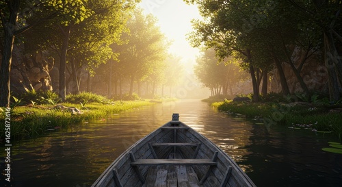 Drifting Down a Serene River into the Golden Haze of a Sunlit Forest Vista.