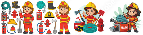 Cartoon Firefighters and Firefighting Equipment Collection Helmets, Hoses, Axes, Fire Extinguisher, and More