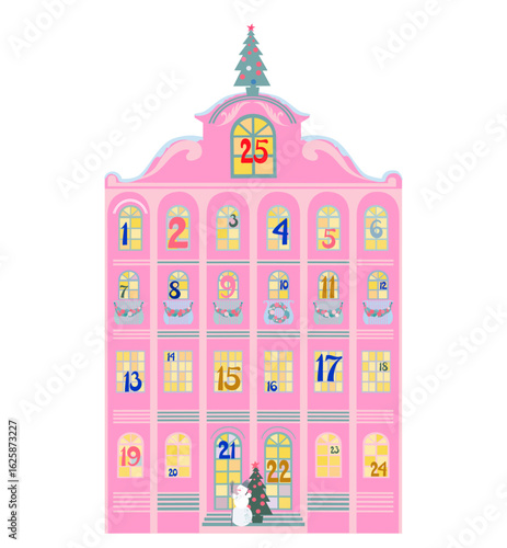 Advent calendar. Christmas house with winter holidays countdown windows. Merry Christmas poster. Holiday design, decor. Xmas tree, snowman and gifts, presents, star. Winter holiday Vector illustration