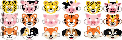 Collection of Printable Animal Masks Leopard, Pig, Cow, Tiger, Fox, and Dog Characters