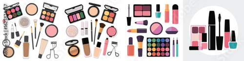 Colorful Assortment of Makeup Products Palettes, Brushes, Lipstick, and More, Flat Lay Isolated on White
