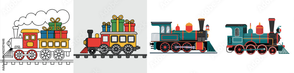 Colorful Cartoon Train Illustrations Locomotive with Gifts and Detailed Teal Engine Graphics for Design Projects Colorful Cartoon Train Illustrations Locomotive with Gifts and Detailed Teal Engine Graphics for Design Projects