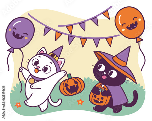 Funny cartoon kitten and puppy with a cute ghost and Halloween pumpkin vector illustration card for children's holiday fun