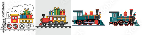 Colorful Cartoon Train Illustrations Locomotive with Gifts and Detailed Teal Engine Graphics for Design Projects