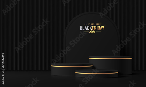 3D Black round product podium background with empty space. Black Friday sale. Abstract composition in minimalist design. Studio display showroom stands pedestal, Fashion stage showcase mockup scene.