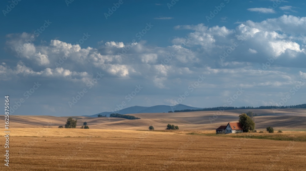 Obraz premium Golden field under cloudy sky