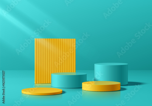 3D blue, yellow podium background with vertical yellow pattern backdrop. Abstract composition minimalist design. Studio display showroom stands product pedestal, Fashion stage showcase mockup scene