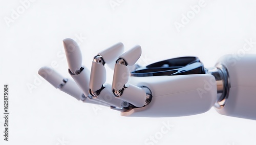 Pristine white robotic hand with articulating fingers extended in an open, inviting gesture on a bright background.