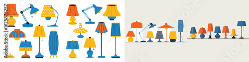 Colorful Lamp Collection Retro Style Table and Floor Lamps in Blue, Yellow, and Orange Hues