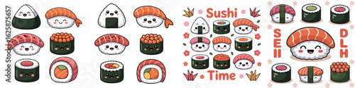 Cute Cartoon Sushi and Onigiri Set with Happy Faces, Sushi Time Illustration