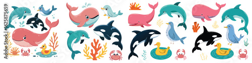 Cute Cartoon Sea Creatures Dolphins, Whales, Orcas, Birds, Crabs, Ducks, and Seaweed