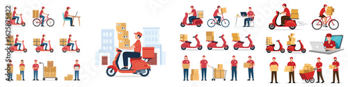 Delivery Service Concept Illustration Featuring Couriers on Scooters, Bicycles, and with Packages or on Computer
