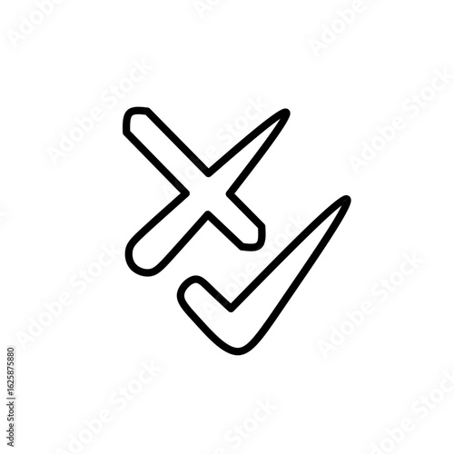 Check mark and cross icon line design, correct and incorrect symbol outline, tick and X mark illustration, black and white minimal design, approval and rejection icon isolated on white background