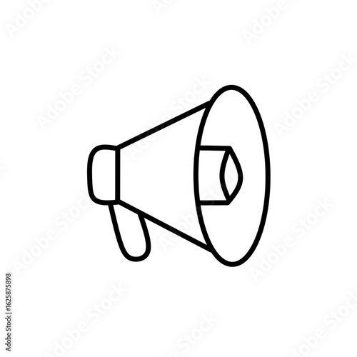 Megaphone icon line design, loudspeaker outline symbol, announcement and communication illustration, black and white minimal design, marketing and promotion icon isolated on white background