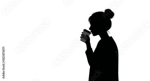 Silhouette of a young woman with a hair bun drinking coffee from a disposable cup. Minimalist vector illustration of a daily lifestyle moment.