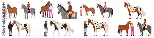 Equestrian Illustration People with Horses, Riders, Various Breeds, Different Coat Patterns, and Horseback Riding