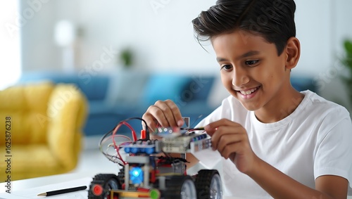Wallpaper Mural Smiling Young Boy Enthusiastically Assembling a Colorful Robot Toy at a Table Torontodigital.ca