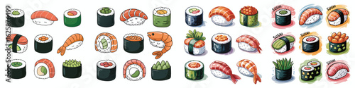 Illustrated Sushi Set with Salmon, Tuna, Shrimp, and Cucumber Rolls on White Background