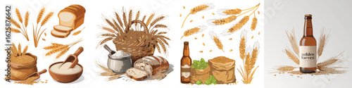 Illustration of Fresh Bread, Flour, Wheat Stalks, Hops, and Golden Harvest Beer Bottles for Baking