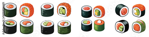 Illustration of Sushi Rolls with Salmon, Avocado, Cucumber, and Roe on White Background