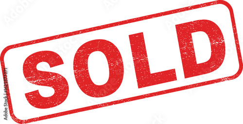 Red rectangular rubber stamp with the word sold in distressed white letters isolated on transparent background