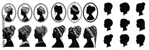 Ornate Cameo Silhouettes Vintage Women with Crowns, Flowers, and Detailed Hairstyles Black and White Illustrations
