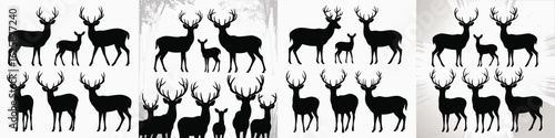 Silhouette Deer Family Bucks, Does, and Fawns in Various Groupings and Backgrounds