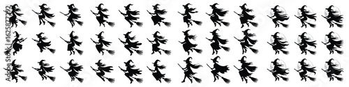 Silhouettes of Witches Flying on Brooms in Various Poses with Full Moon, Halloween Theme