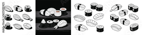 Sushi Art Black and White Sketch of Nigiri and Maki Rolls with Shadows