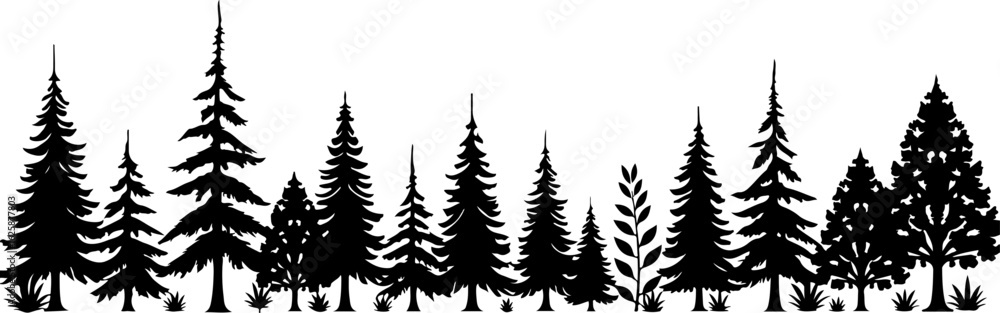 Obraz premium Tree Silhouettes, Forest Shapes, Pine Trees, vector bundle