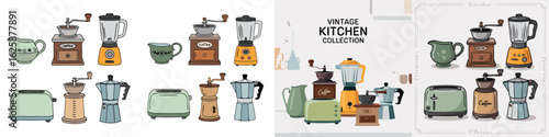 Vintage Kitchen Collection Illustrated Toaster, Coffee Grinder, Blender, Creamer, and Moka Pot Appliances in Pastel Shades