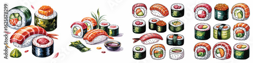 Watercolor Illustration of Delicious Sushi Rolls, Nigiri, and Maki on a White Background