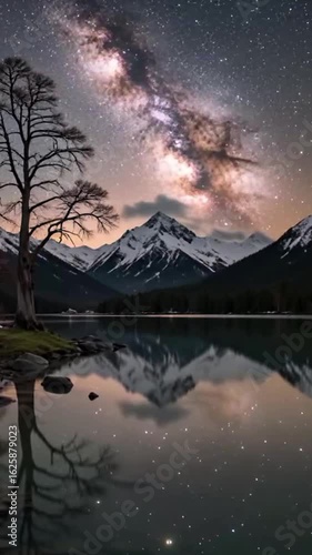 Majestic night sky over snow-capped mountains, reflecting in tranquil lake.
