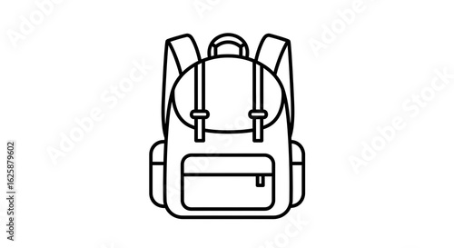 A simple line drawing of a backpack with straps and a pocket on a white background centered