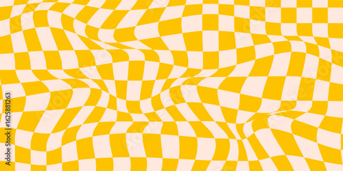 Retro background with abstract psychedelic checkerboard. Groovy yellow checkered pattern. Trendy plaid vector texture in abstract y2k style. Vector graphic for posters and art prints