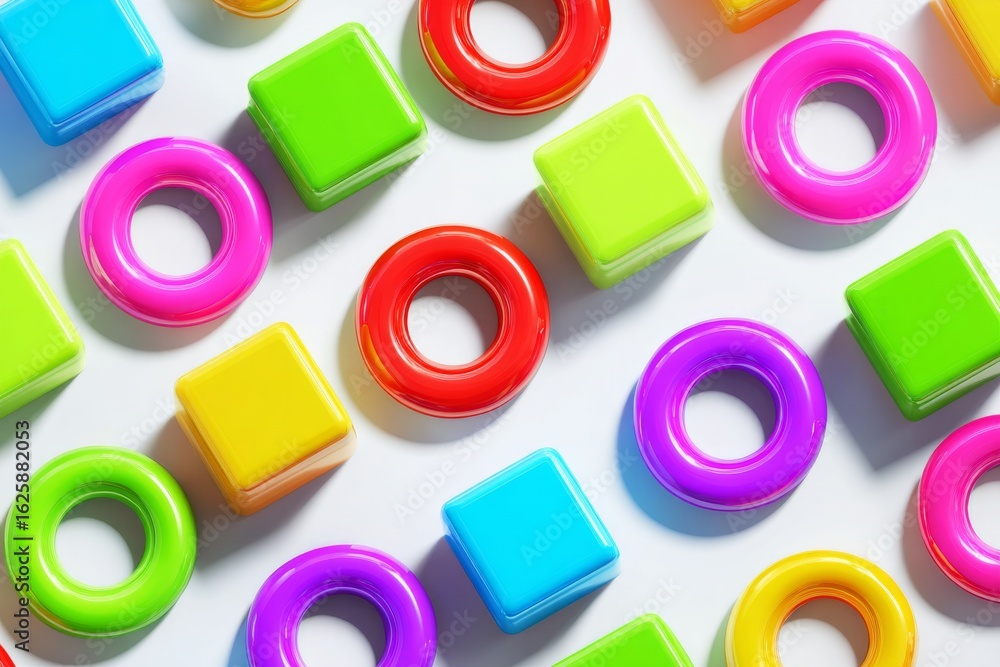 Fototapeta premium An assortment of brightly colored geometric shapes is strewn across a white expanse, illustrating artistic ingenuity and forward-thinking design