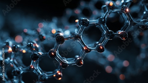 futuristic molecular lattice, blue neon highlights, black chrome nanotubes, glowing atoms, sci-fi style, high-tech background, abstract science concept