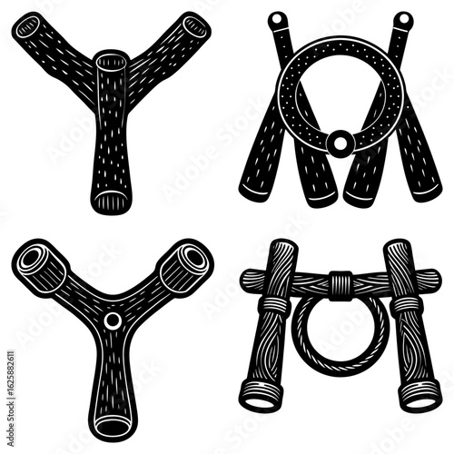 Illustration of four wooden structures including slingshots and a ring and bar apparatus