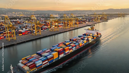 Cargo Ship Sailing Through Busy Harbor with Colorful Shipping Containers Aerial View