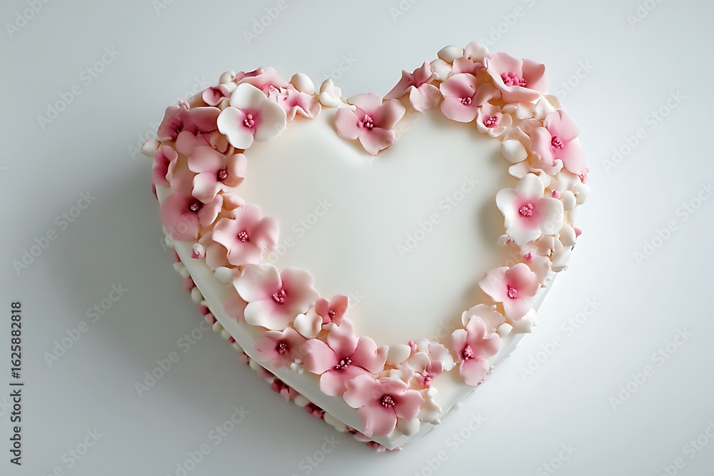 A romantic heart-shaped cake decorated with white icing and blooms. A romantic heart-shaped cake decorated with white icing and blooms.