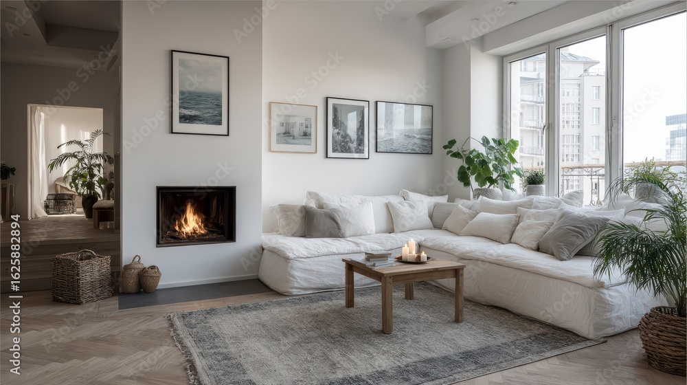Fototapeta premium White corner sofa near fireplace. Scandinavian home interior design of modern living room.