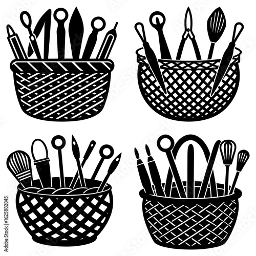 Four woven baskets filled with various art and craft tools in a black and white illustration style