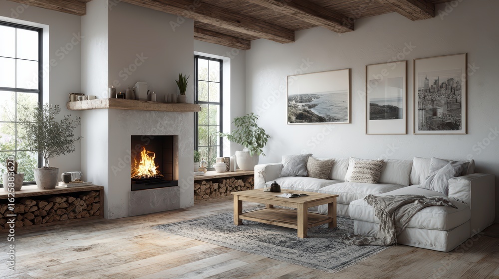 Fototapeta premium White corner sofa near fireplace. Scandinavian home interior design of modern living room.