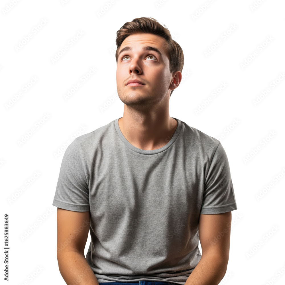 Obraz premium Pensive handsome young man looking up, with a thoughtful expression, isolated on a transparent background