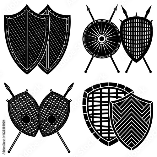 Collection of shields and spears in black and white featuring various designs and arrangements of weaponry