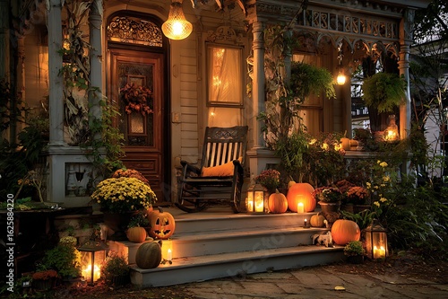 Wallpaper Mural Cozy Halloween Porch Rocking Chair at Dusk, A charming autumnal porch scene at dusk, featuring a rocking chair, warm lighting, carved pumpkins, and fall foliage. Torontodigital.ca